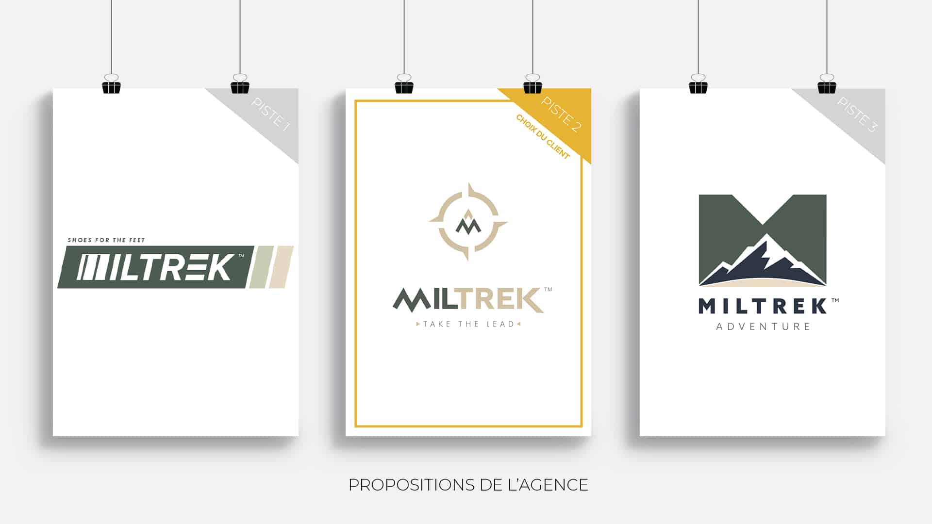 Mise en avant des trois propositions de logotypes de l'agence pour Miltrek lors du processus de création d'identité visuelle.