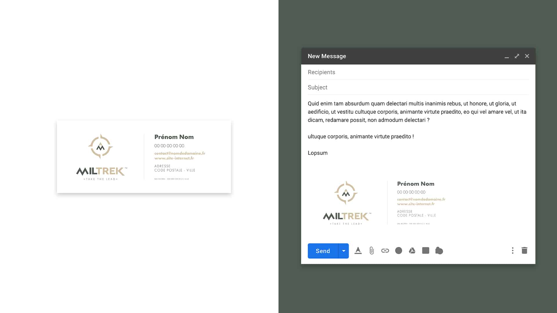 Mockup de la signature mail de Miltrek suite à la création d'identité visuelle.