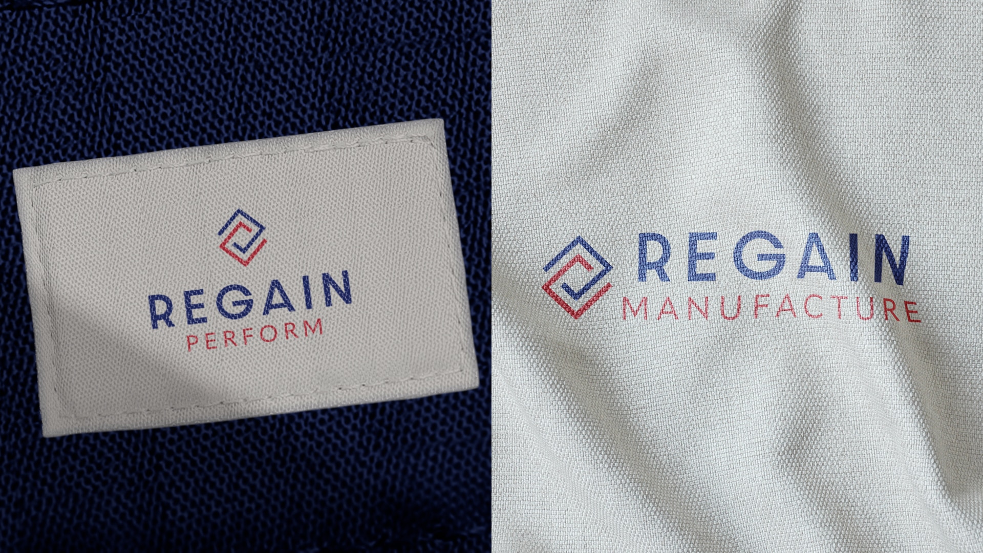 Logotype de Regain brodés sur les étiquettes de vêtements suite à la création d'identité visuelle.