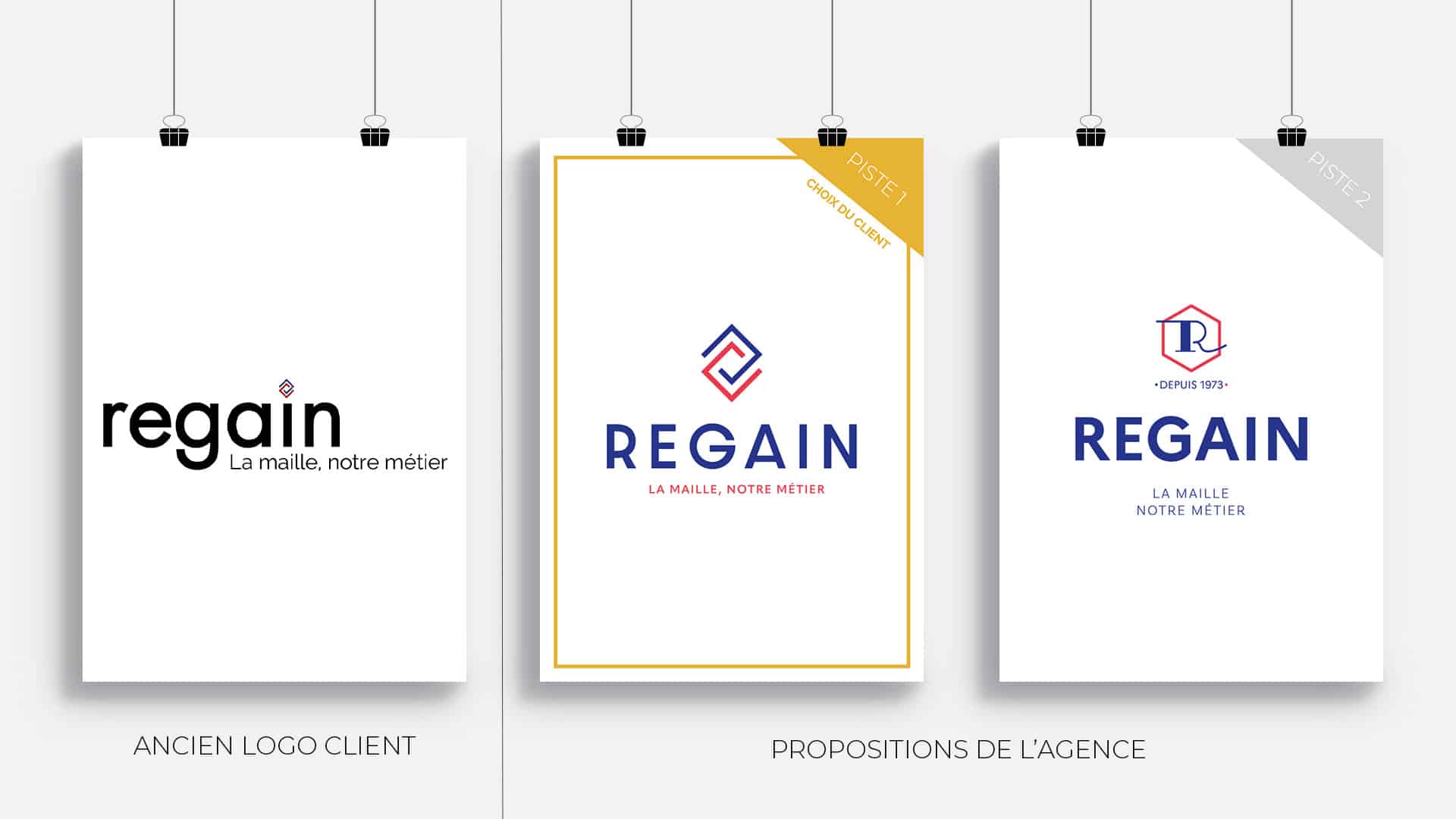 Mise en avant des deux propositions de logotypes de l'agence pour Regain suite à la création d'identité visuelle par rapport à l'ancien logotype de la marque.