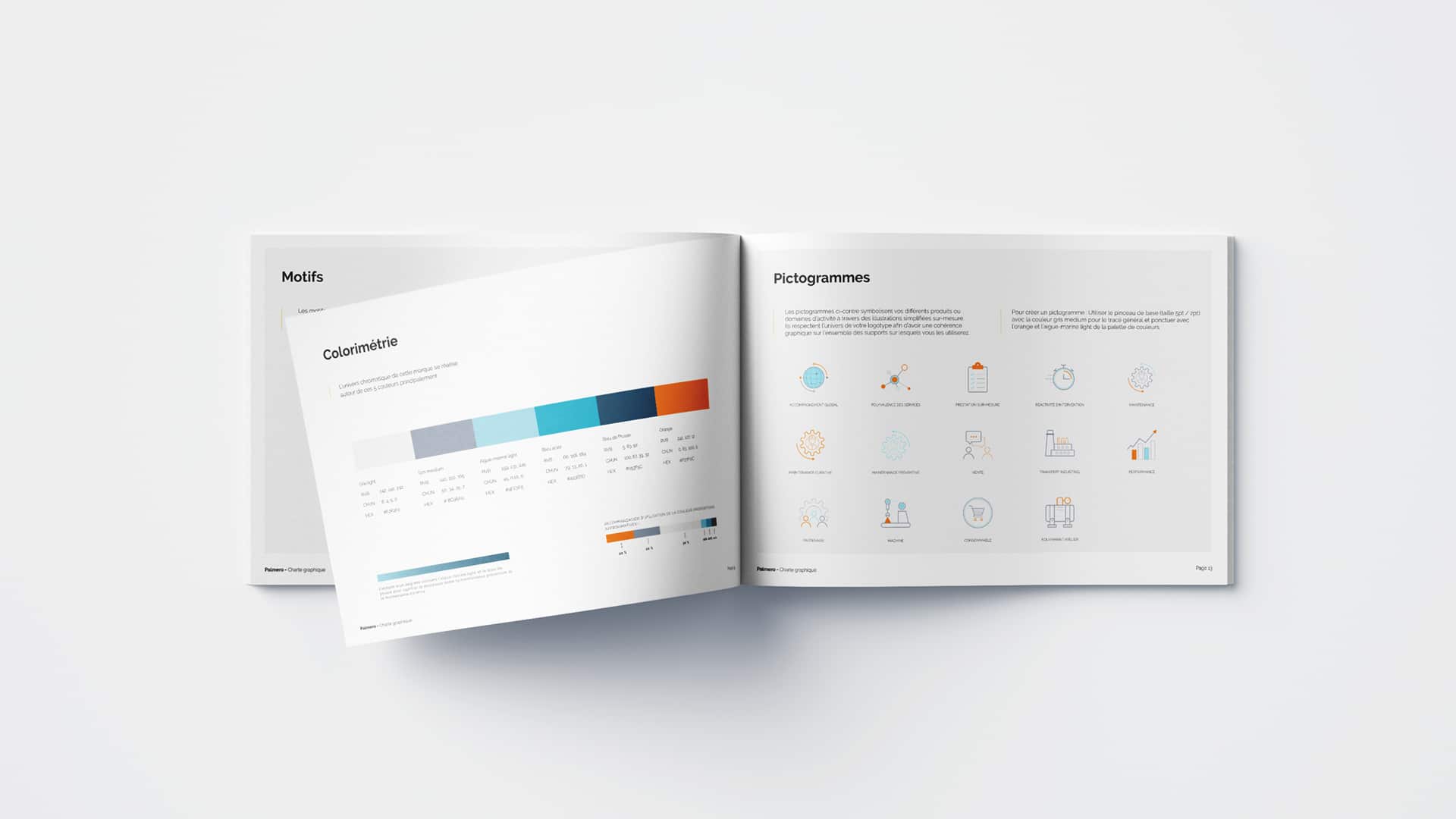 Mockup de charte graphique pour Palmero mettant en valeur la colorimétrie et les pictogrammes suite à la refonte d'identité visuelle de la marque.