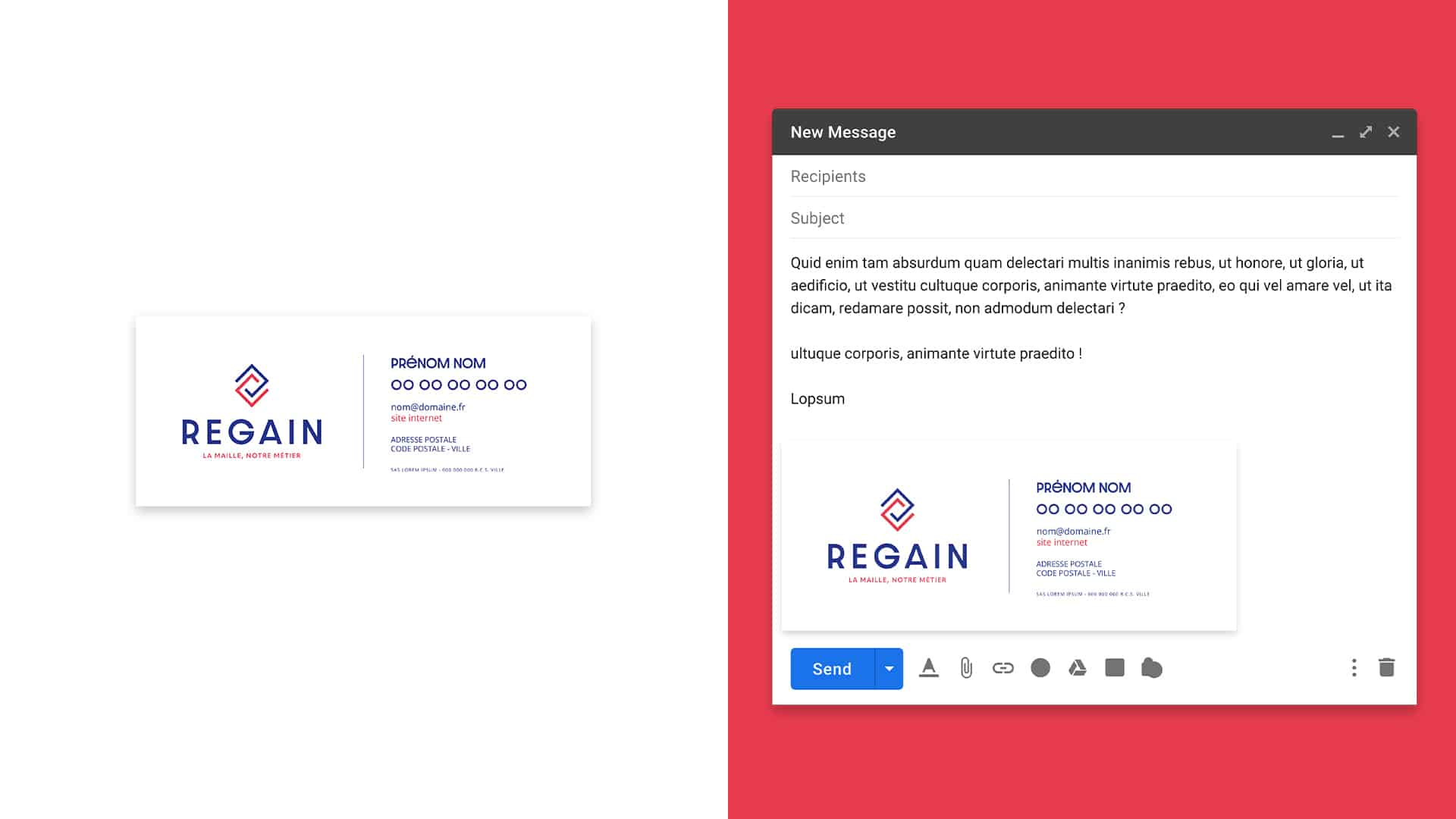 Mockup de la signature mail de Regain suite à la création d'identité visuelle.