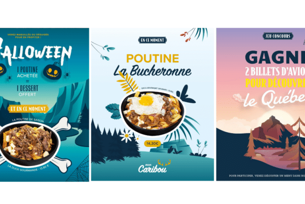 productions graphiques réalisées pour la gestion des réseaux sociaux de Mon Caribou par l'agence NRV